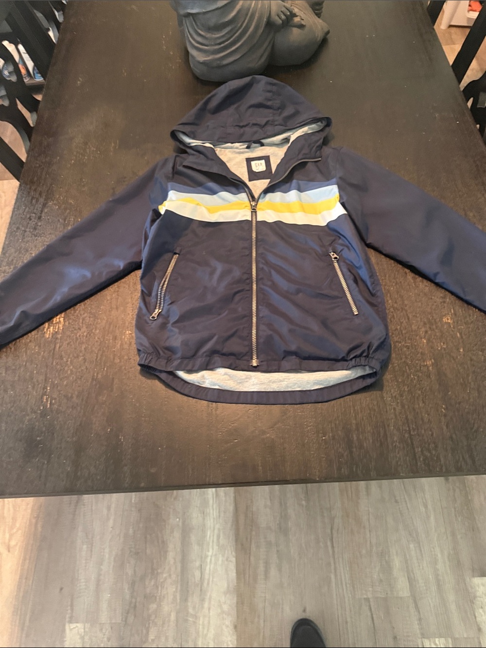 GAP Navy Hooded Raincoat with White and Yellow Stripes